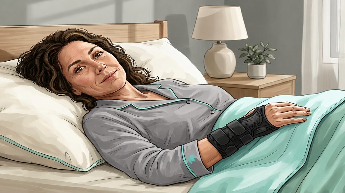 Vrouw ligt in bed met een polsbrace om haar rechterhand tijdens het slapen