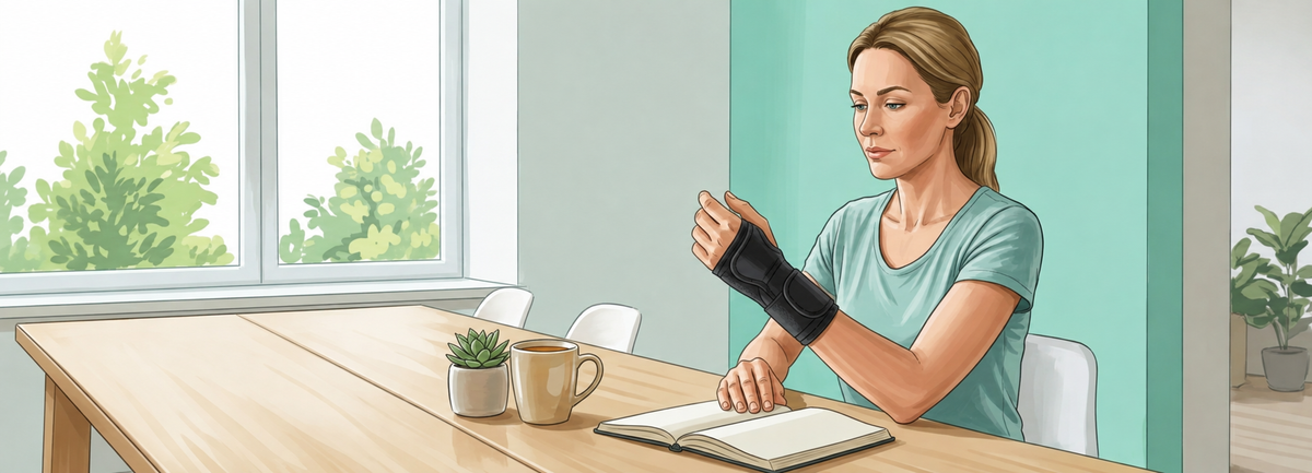 Vrouw aan tafel die een zwarte polsbrace omdoet en haar pols bekijkt